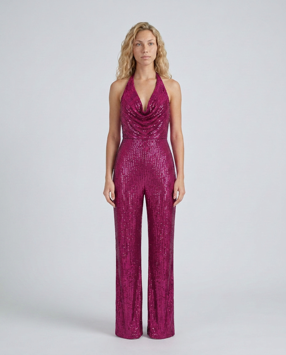 Fuchsia pink sequin halter jumpsuit with cowl neckline and wide legs, front view on a model 17
