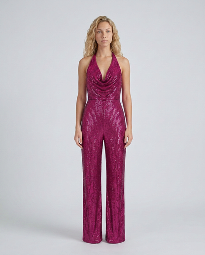 Fuchsia pink sequin halter jumpsuit with cowl neckline and wide legs, front view on a model 17