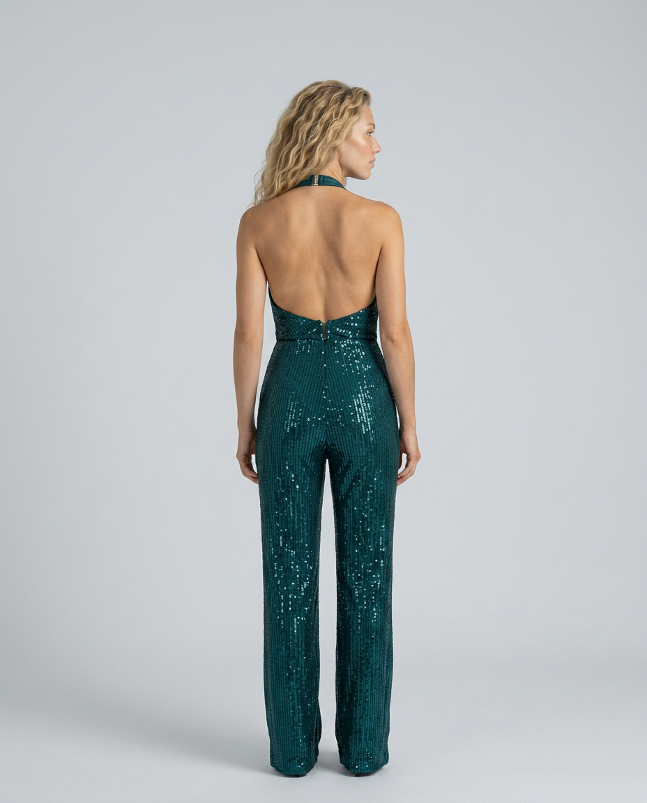 Back view of the emerald green sequin jumpsuit showing the open back and halter fastening 2
