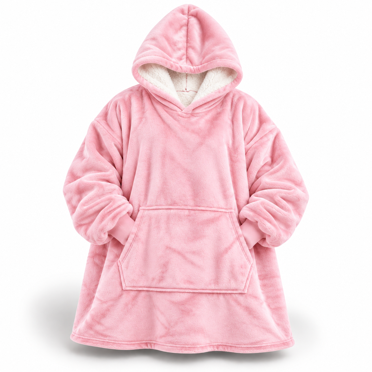 Front view of the hoodie blanket in soft pink, with white sherpa hood lining, large front pocket and ribbed cuffs. 5