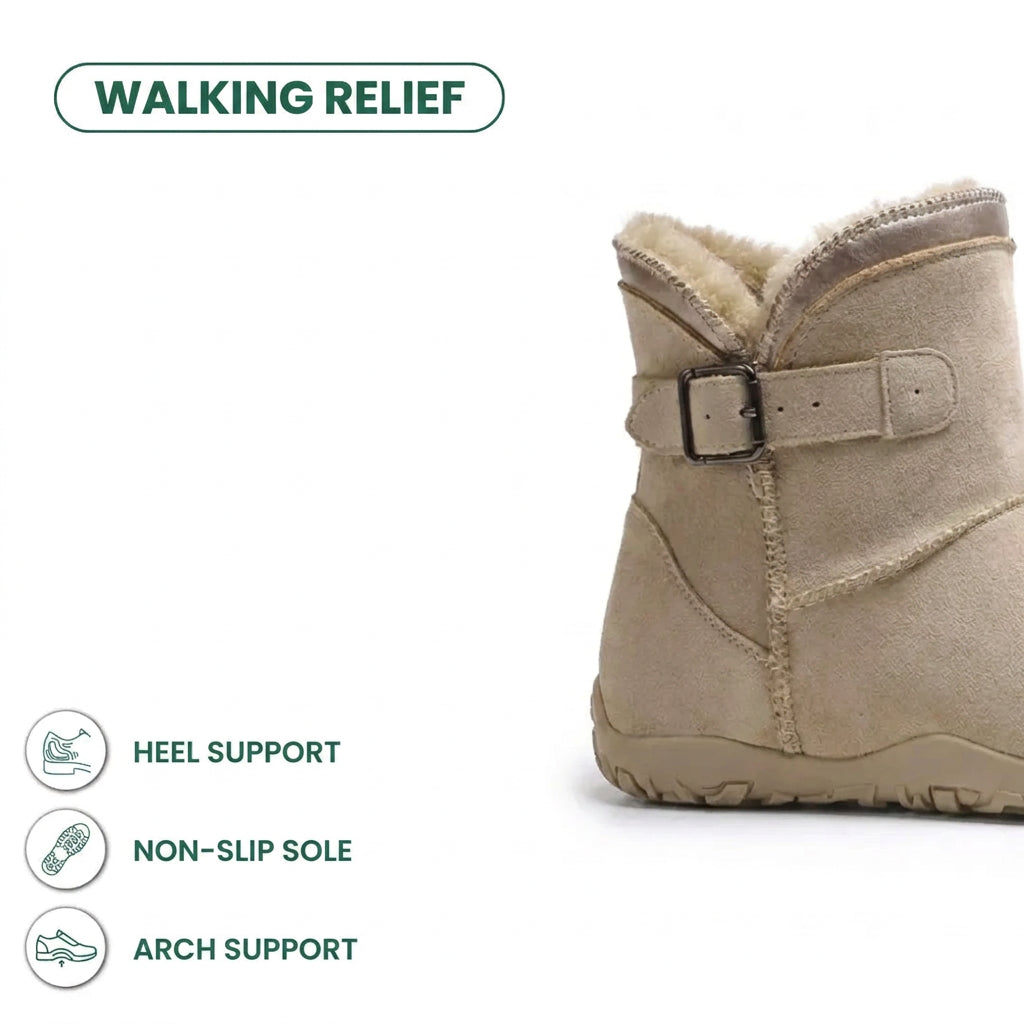 Beige boot cropped at the heel and buckle, beside icons listing heel, grip and arch support 4