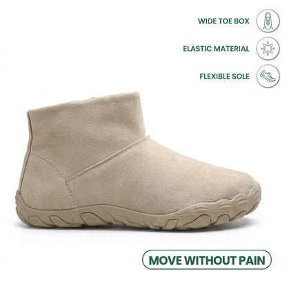 Close-up of the beige boot's wide rounded toe and flexible sole, with feature icons 5