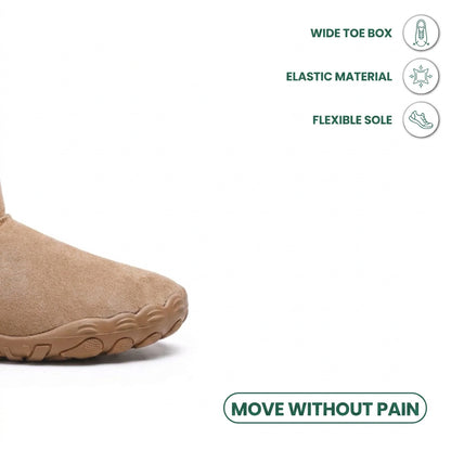 Close-up of the tan suede boot's wide rounded toe and flexible sole, with feature icons 23