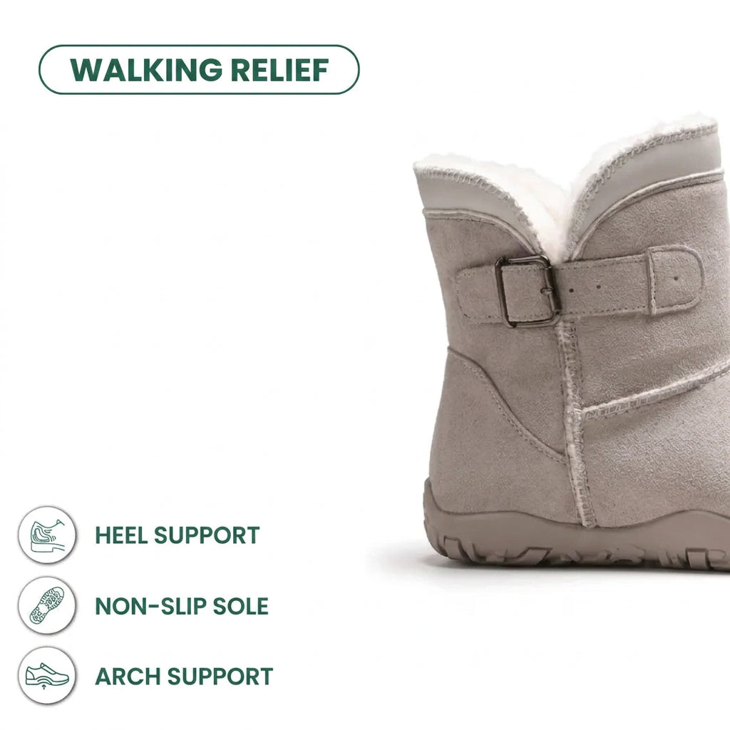 Light grey suede boot cropped at the ankle, showing buckle strap, fleece lining and treaded sole 31