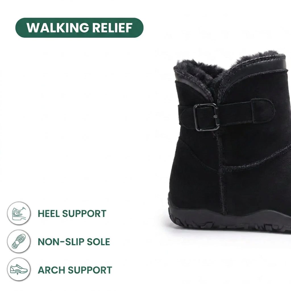 Black boot cropped at the heel and buckle, beside icons listing heel, grip and arch support 13