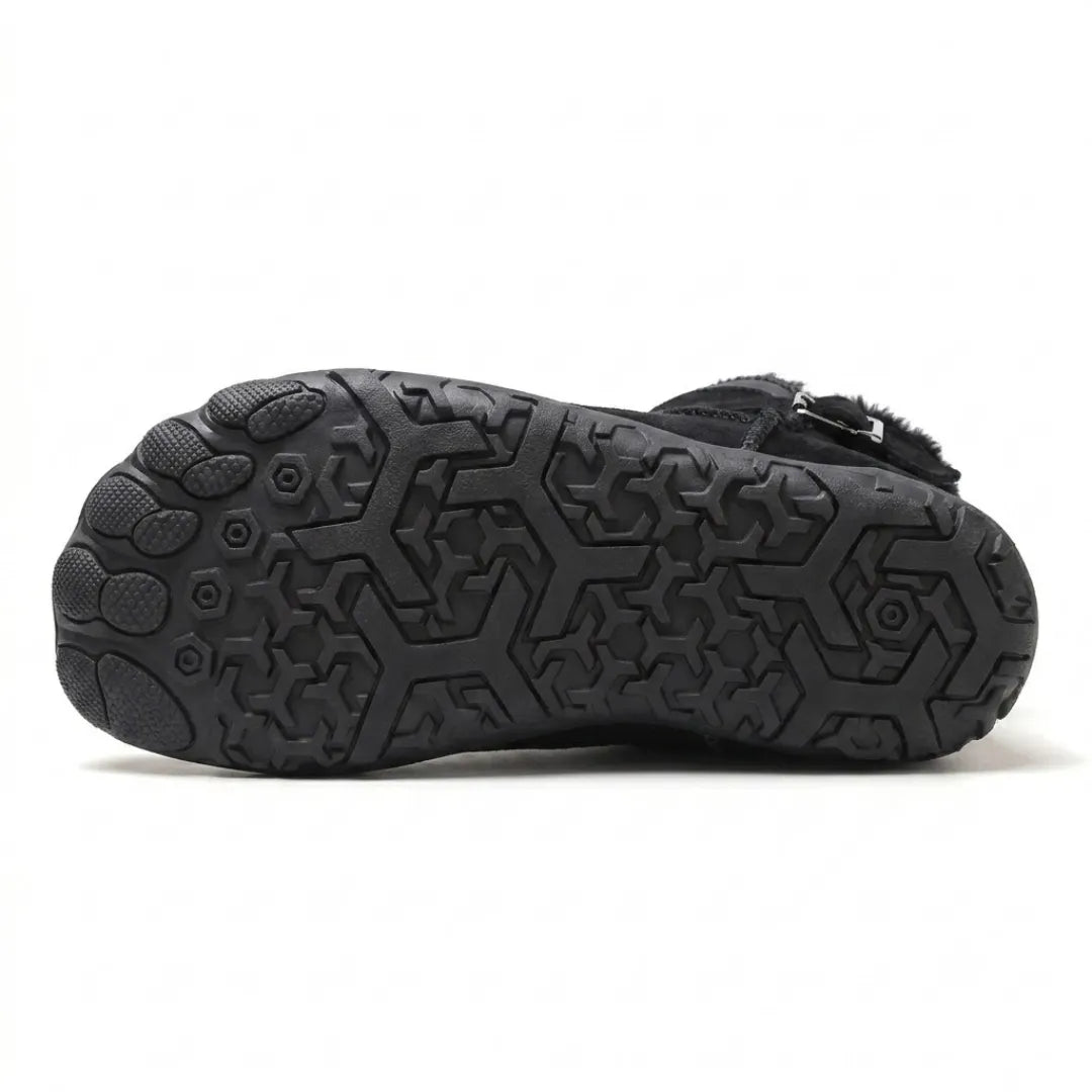 Underside of a black boot showing the hexagonal tread pattern and separated toe pads 18