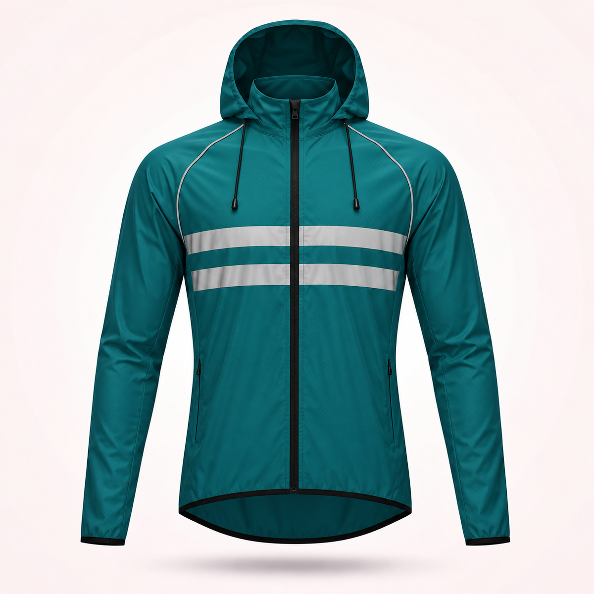 Teal hooded version of the jacket with drawcords, two reflective chest stripes and zipped side pockets. 18