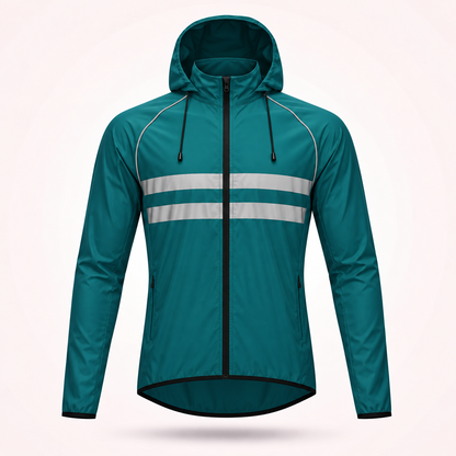 Teal hooded version of the jacket with drawcords, two reflective chest stripes and zipped side pockets. 18
