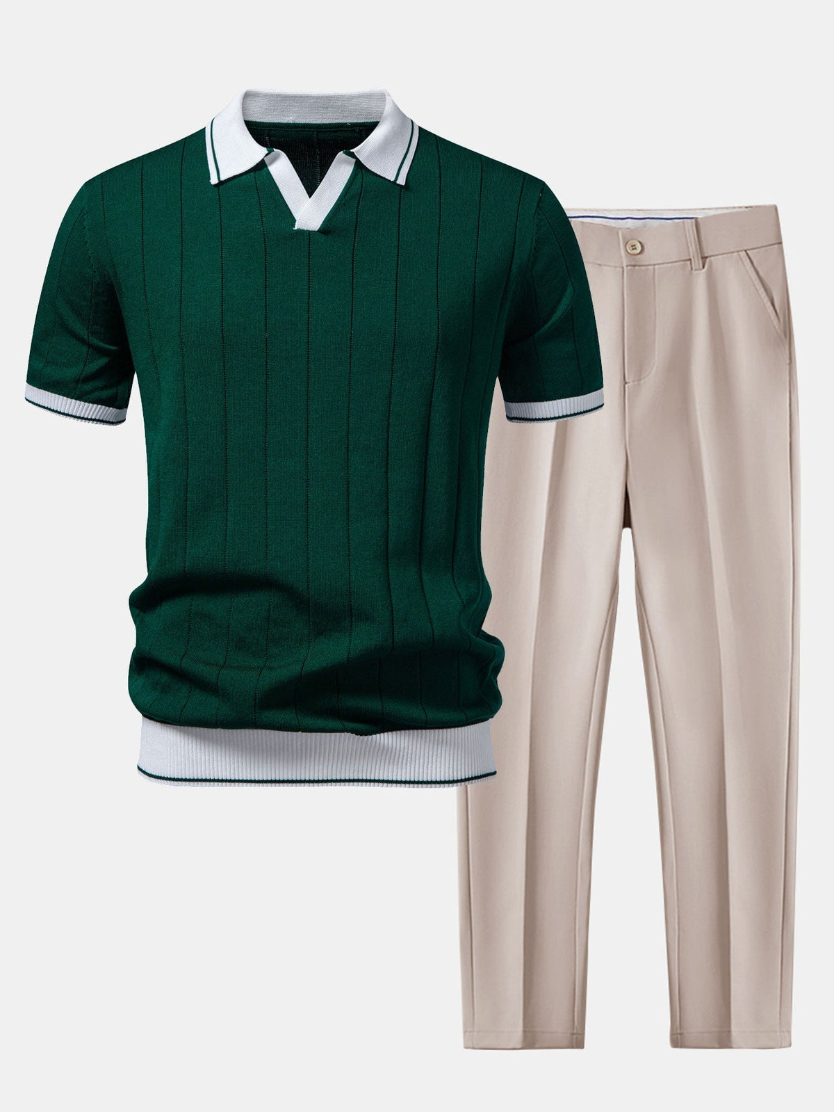Flat lay of a dark green ribbed knit polo with white trim, paired with light beige tapered trousers. 3
