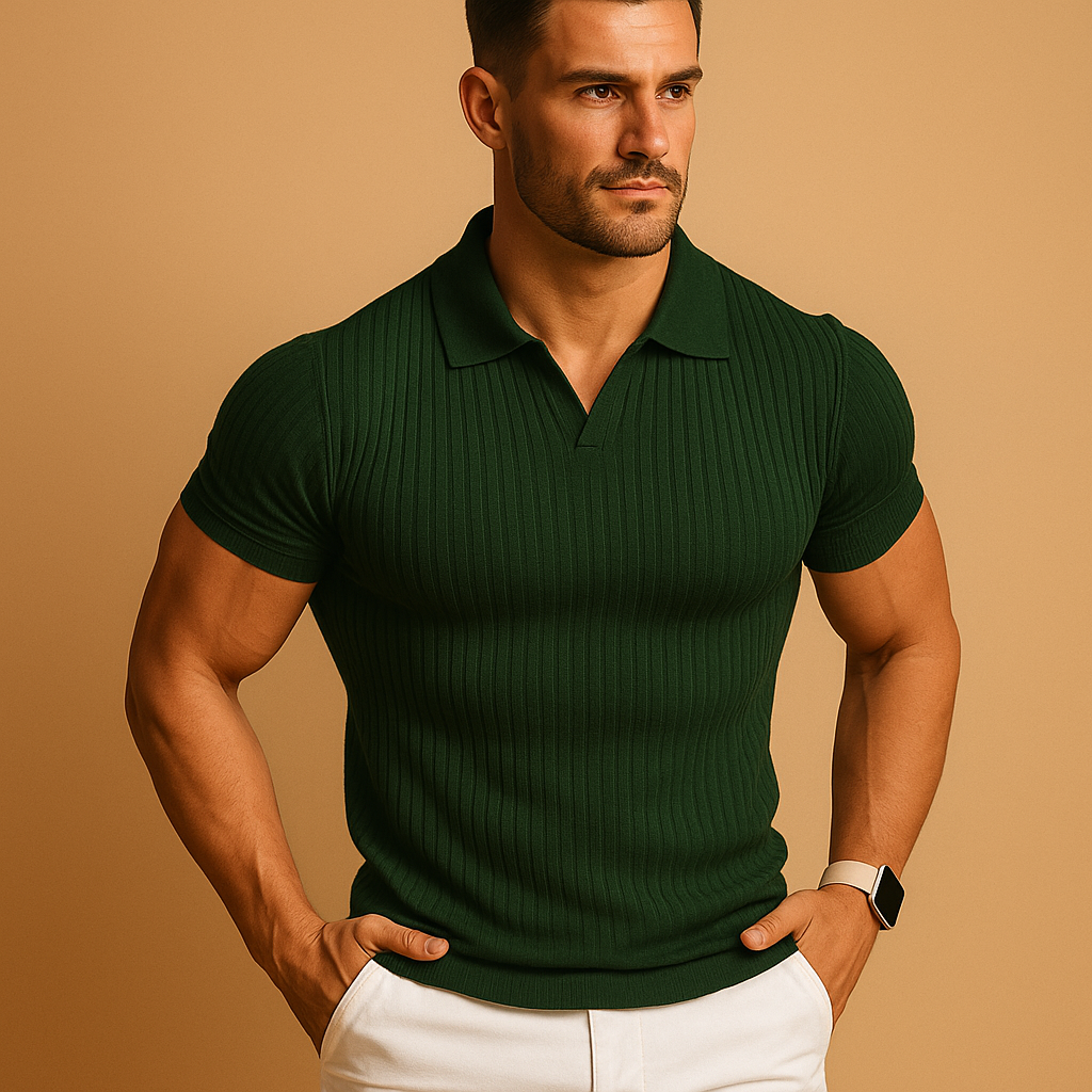 Model wearing the ribbed-knit polo in dark green with a V-neck collar, paired with white trousers and a light smartwatch. 3
