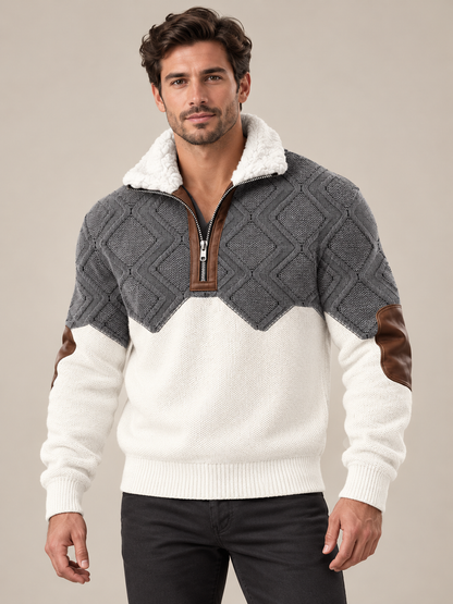Man wearing the grey and white half-zip jumper with diamond knit, fleece collar and brown elbow patches 1