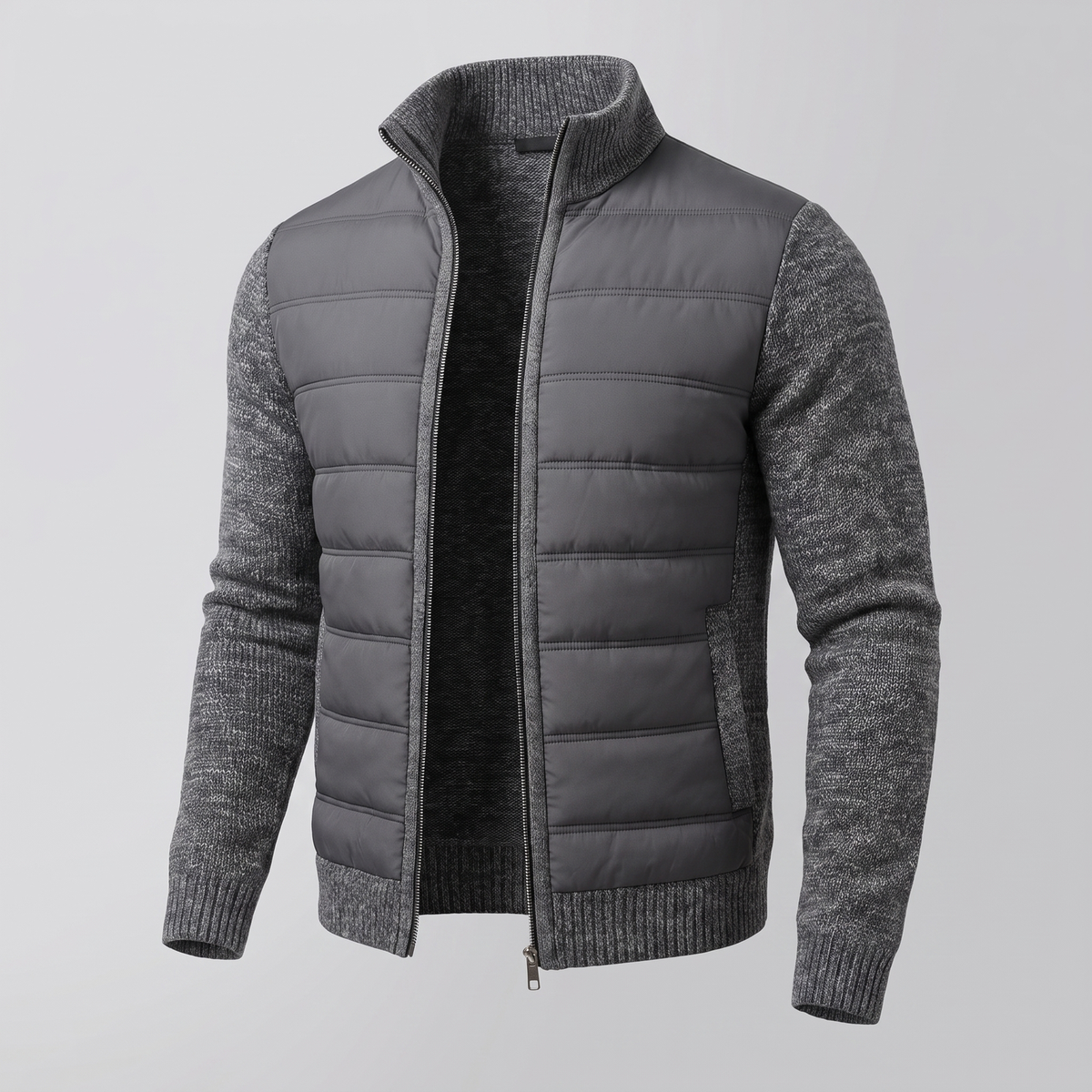 Dark grey jacket with marled knit sleeves, shown at an angle, open to reveal a black fleece lining 2