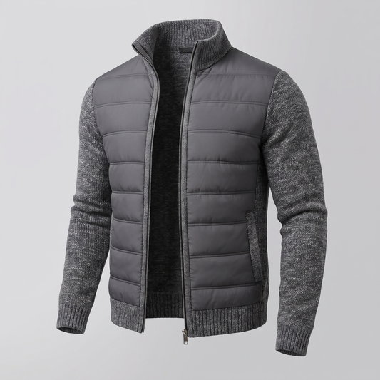 Dark grey jacket with marled knit sleeves, shown at an angle, open to reveal a black fleece lining 2