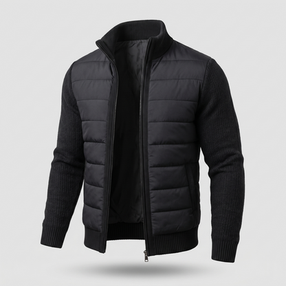 Black jacket at a three-quarter angle, unzipped, showing quilted body, ribbed knit sleeves and stand collar 6
