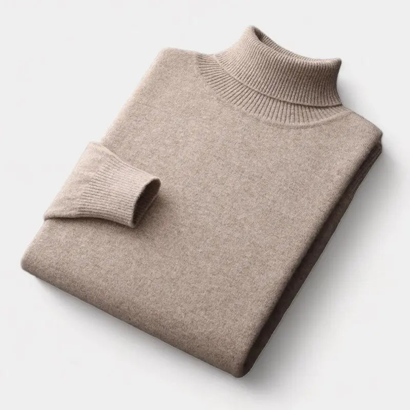 Folded roll-neck jumper in light camel beige, with the ribbed collar and one cuff showing 8