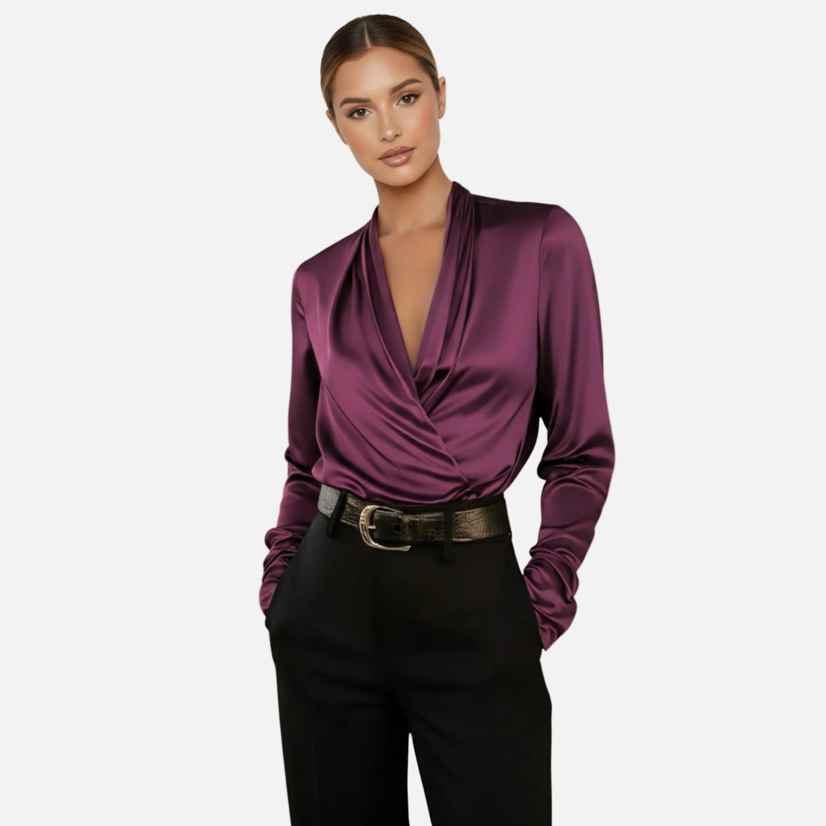 Satin Blouse Women's Draped Wrap V-neck Long Sleeve