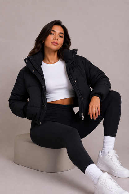 Model seated on a stone block in the black puffer jacket worn open over a white crop top, with leggings and trainers. 6