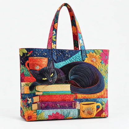 Quilted Tote Bag "Black Cat with Books and Teacups"