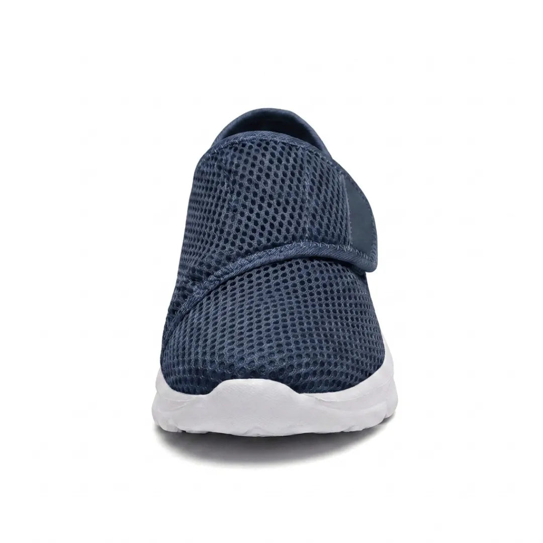 Navy mesh shoe seen from the front, showing the rounded toe and strap 8