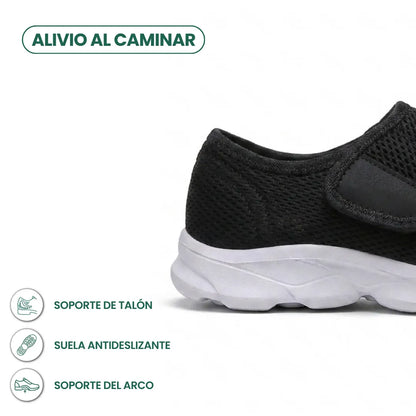 Black mesh shoe heel and hook-and-loop strap close-up with icons for heel, grip and arch support 22