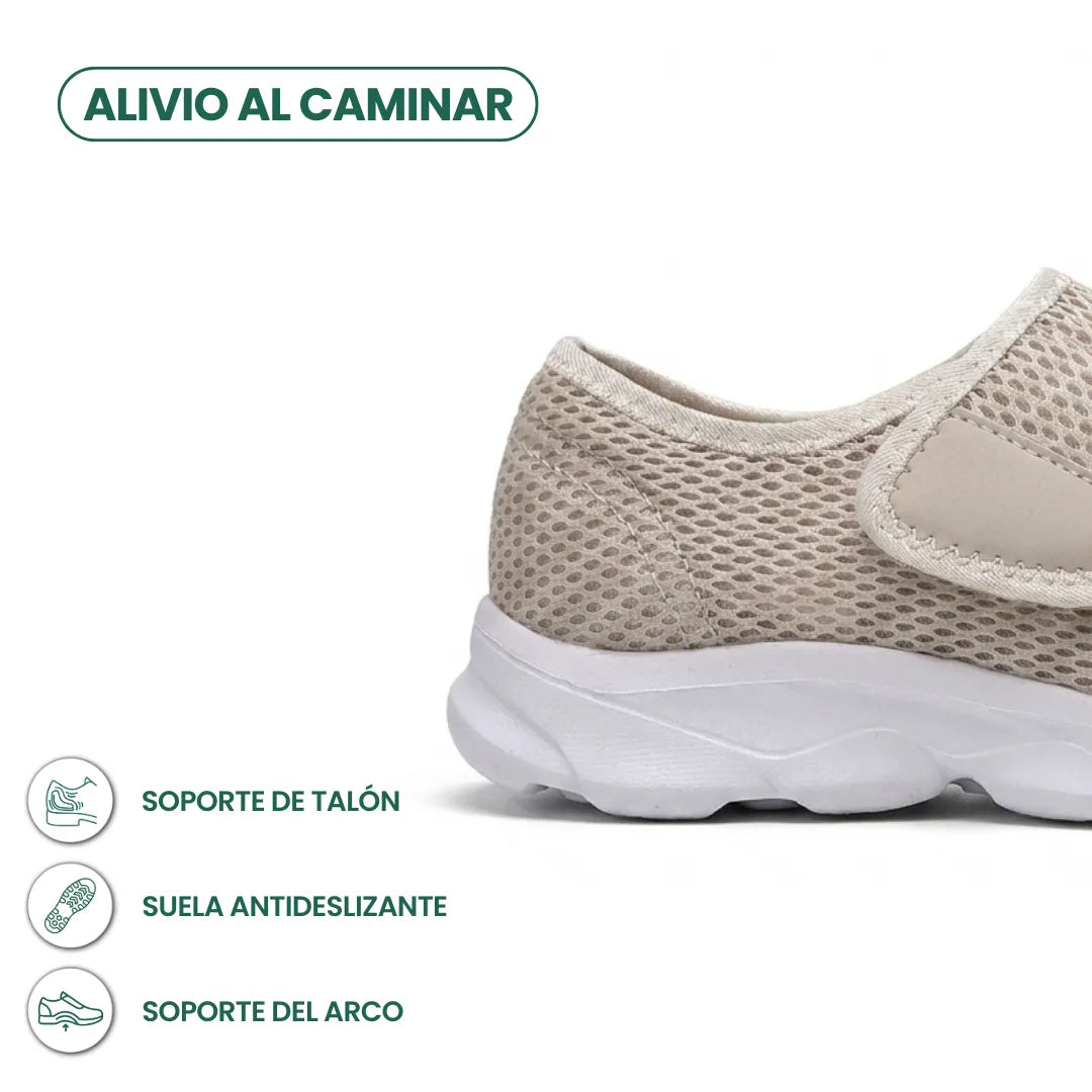 Beige mesh shoe heel and hook-and-loop strap close-up with icons for heel, grip and arch support 31