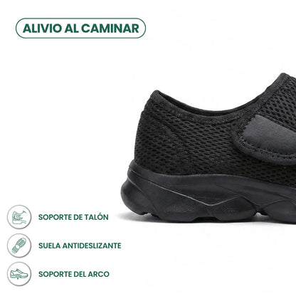 Close-up of the black shoe's heel and sole, with comfort feature icons 13