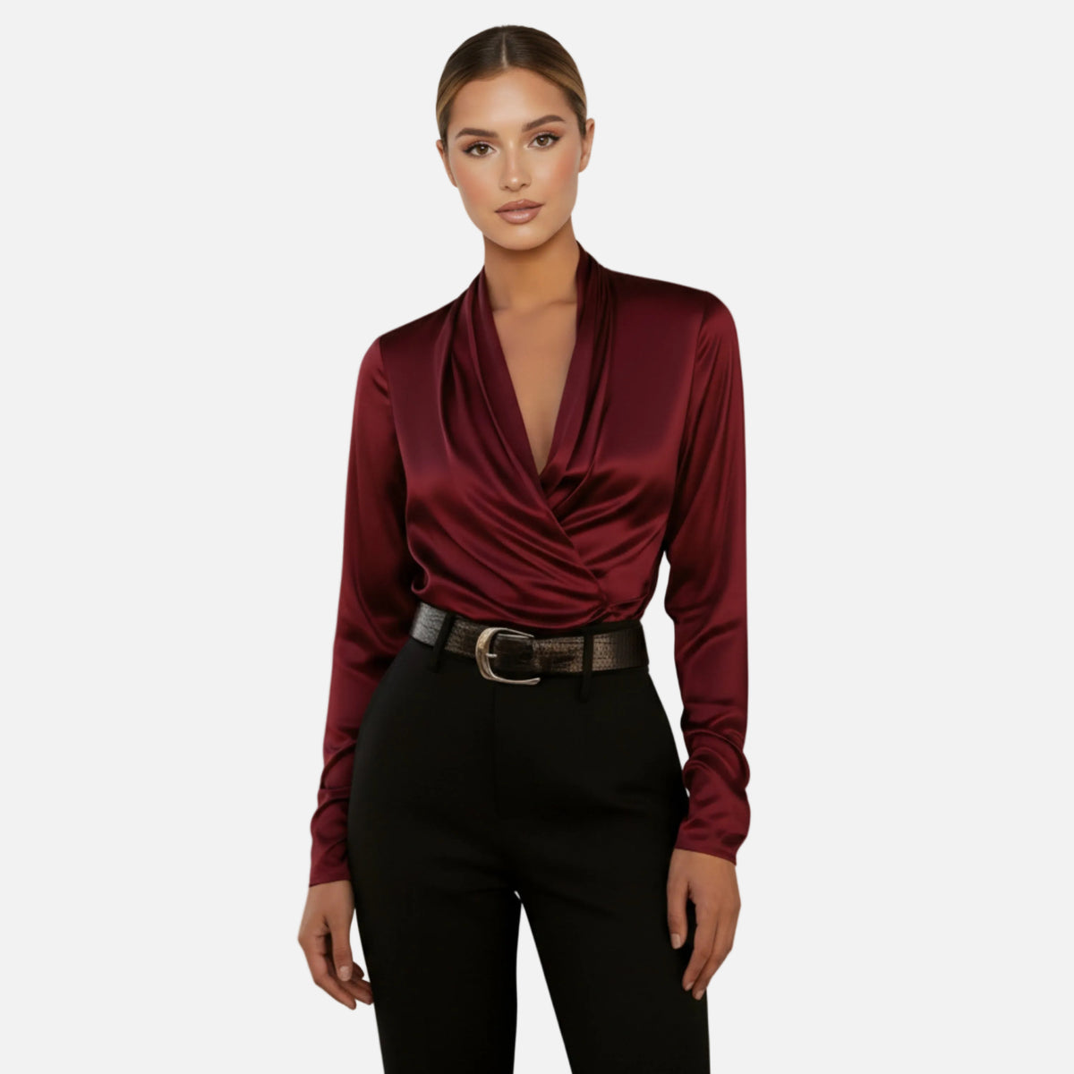 Satin Blouse Women's Draped Wrap V-neck Long Sleeve