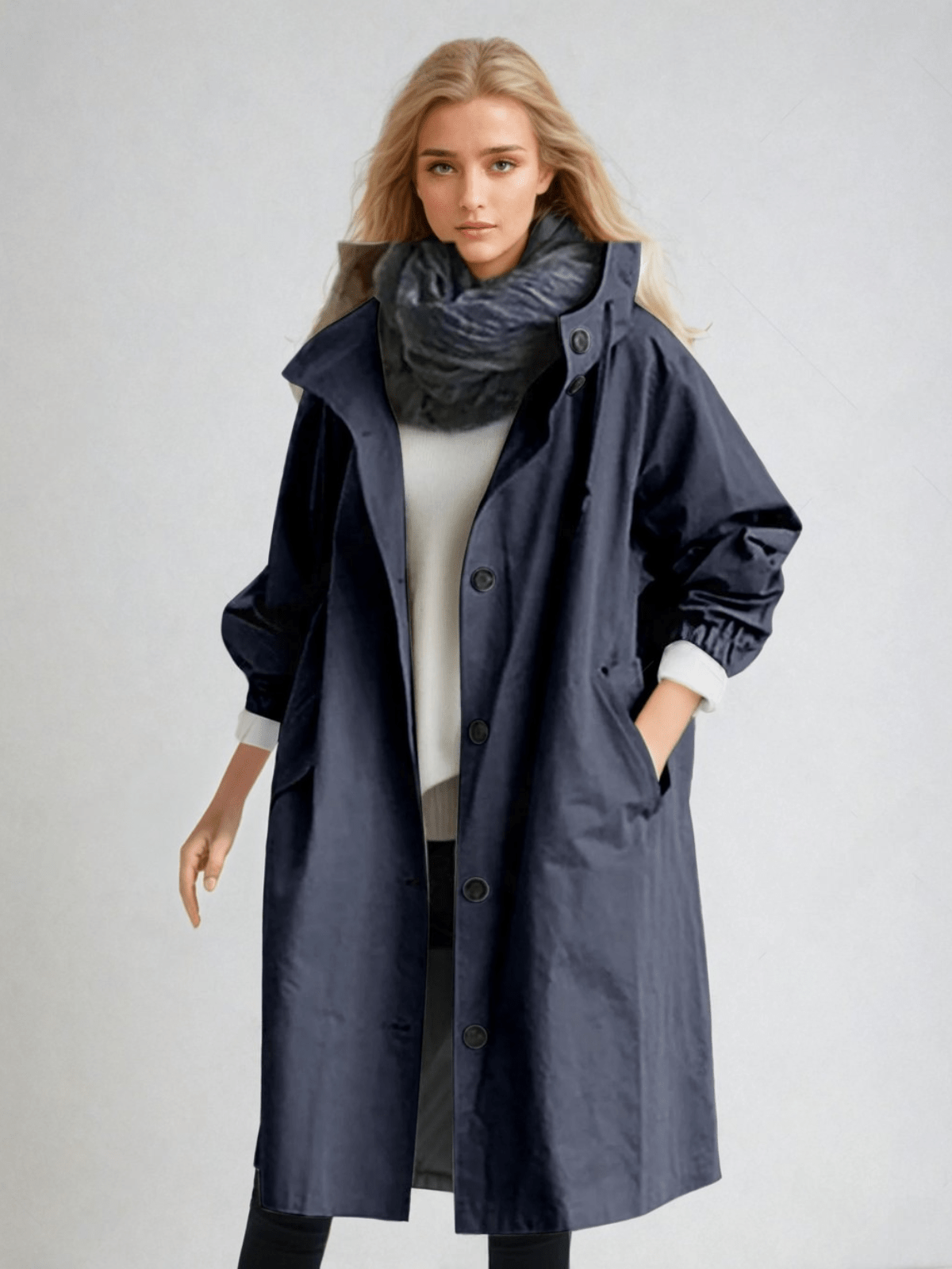 Model wears the coat in navy blue with a high collar and a dark fluffy scarf 7