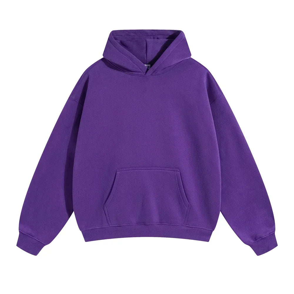 Front flat view of a plain purple pullover hoodie with drop shoulders, ribbed cuffs and hem, and a large front pocket. 12