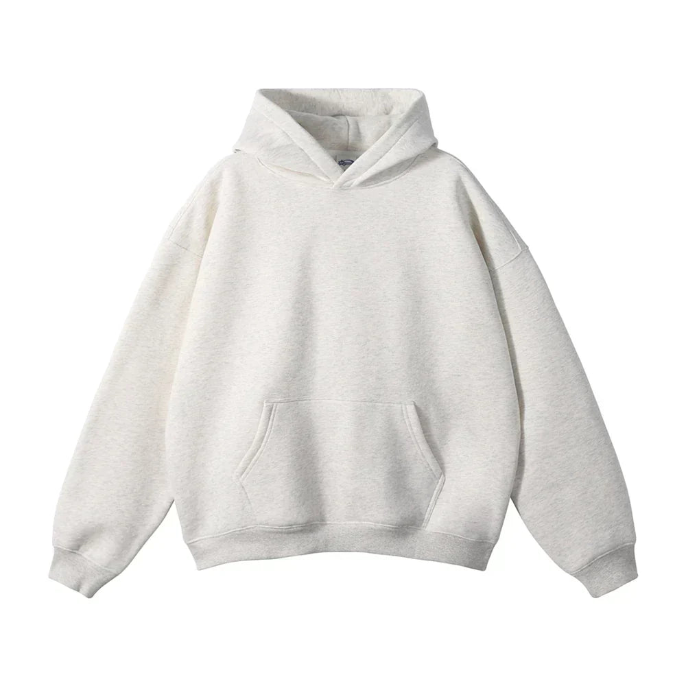 Front flat lay of a light heather grey pullover hoodie with drop shoulders, ribbed cuffs and hem, and a front pouch pocket. 15