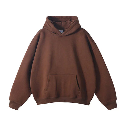 Front view of a plain brown pullover hoodie laid flat, showing the hood, front kangaroo pocket, dropped shoulders and ribbed cuffs and hem. 5