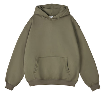 Front flat view of an olive green pullover hoodie with a large kangaroo pocket, ribbed cuffs and hem, and dropped shoulders. 9