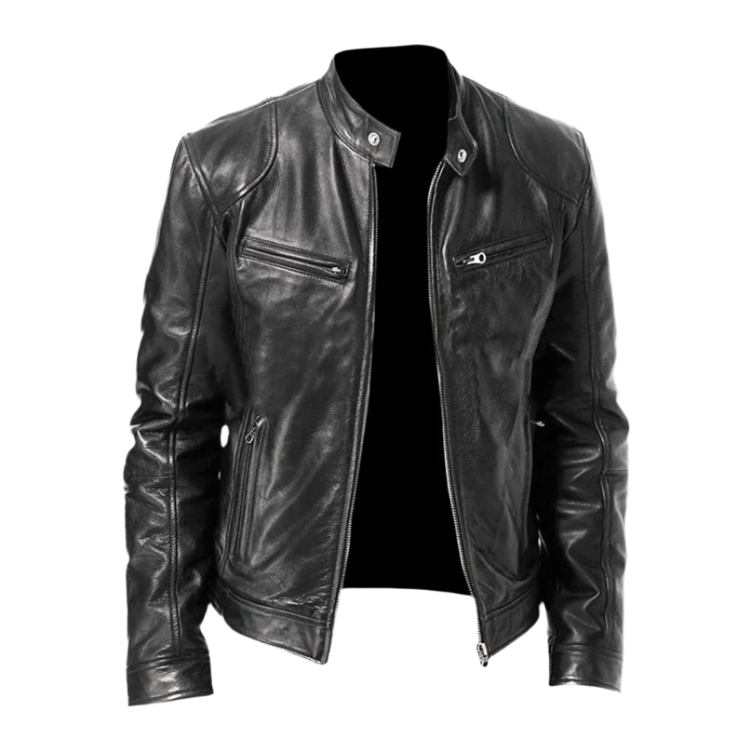 Front view of the jacket in black glossy leather, unzipped, showing the snap-tab stand collar, zipped chest pockets and ribbed hem. 2