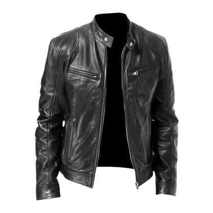 Front view of the jacket in black glossy leather, unzipped, showing the snap-tab stand collar, zipped chest pockets and ribbed hem. 2