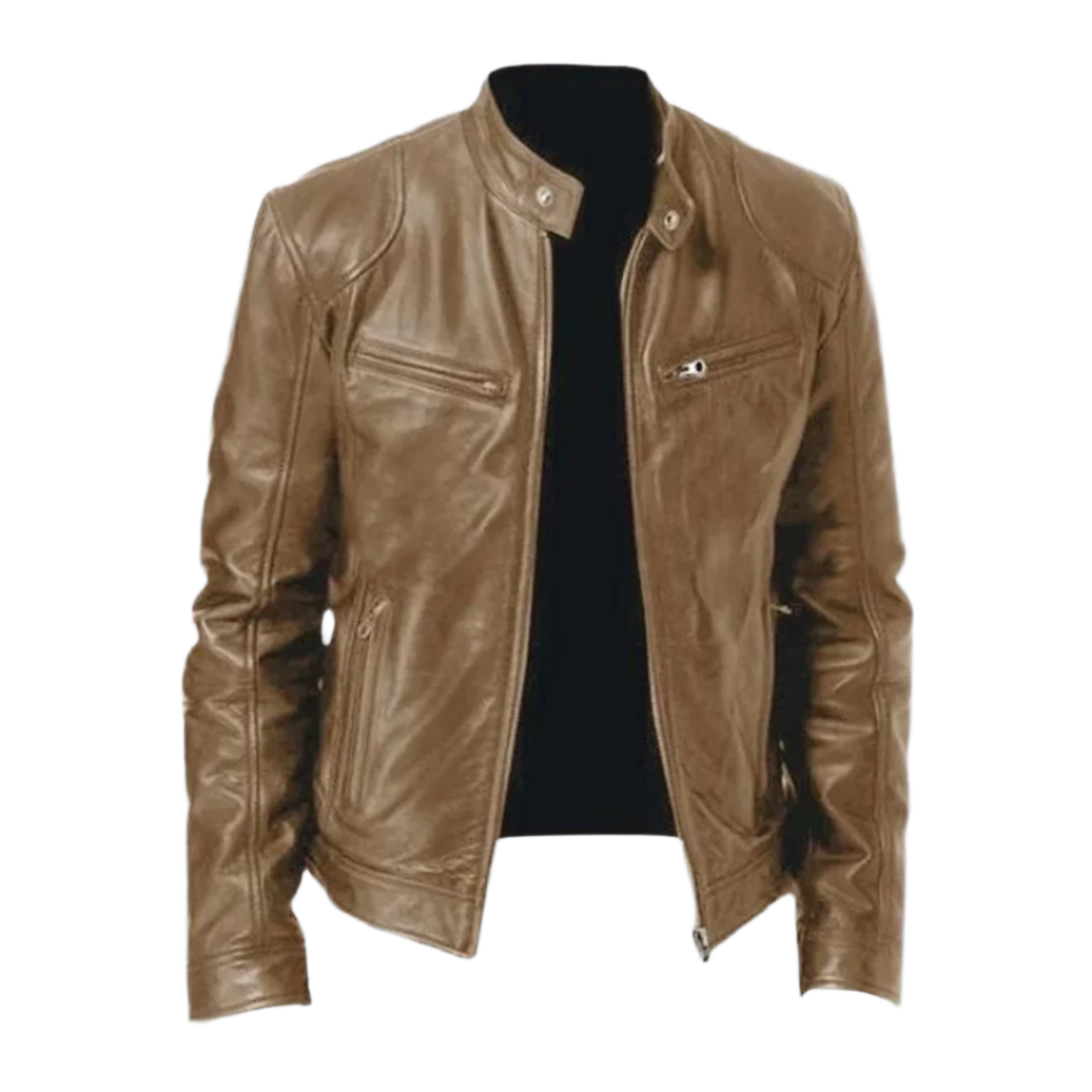 Front view of the jacket in a light tan-brown leather, unzipped, with the same stand collar, chest zip pockets and side pockets. 3
