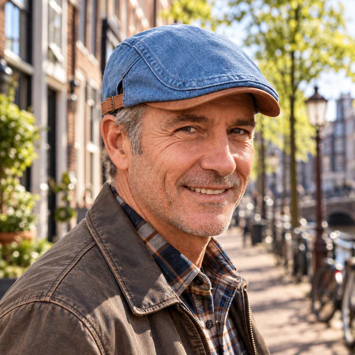 Smiling grey-haired man wearing the blue denim flat cap with tan peak, outdoors on a sunny canal-side street. 1