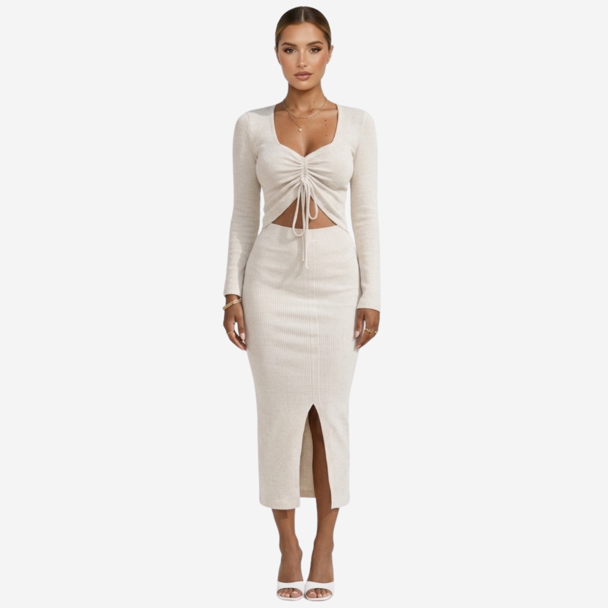 Ribbed Midi Dress Women's Long Sleeve Ruched Drawstring Front Bodycon