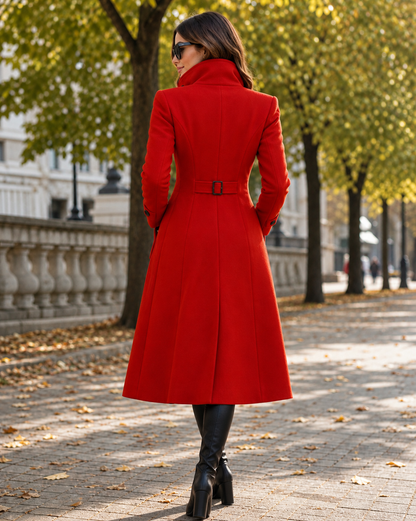 Back view of the red coat showing the half belt with buckle and flared panelled skirt 3