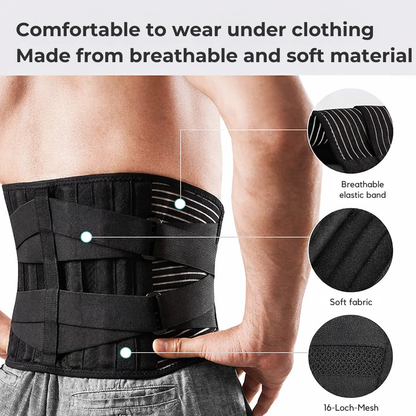 Shirtless man wearing the black belt under his arm, with small circles highlighting the elastic band, soft fabric and mesh. 3