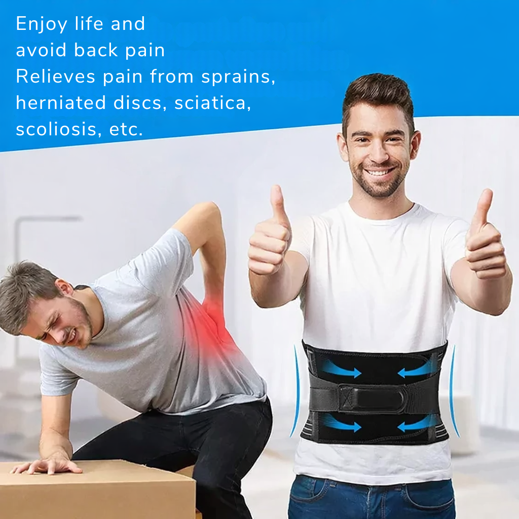 Smiling man in a white t-shirt giving two thumbs up in the belt, beside another man clutching his sore lower back. 4