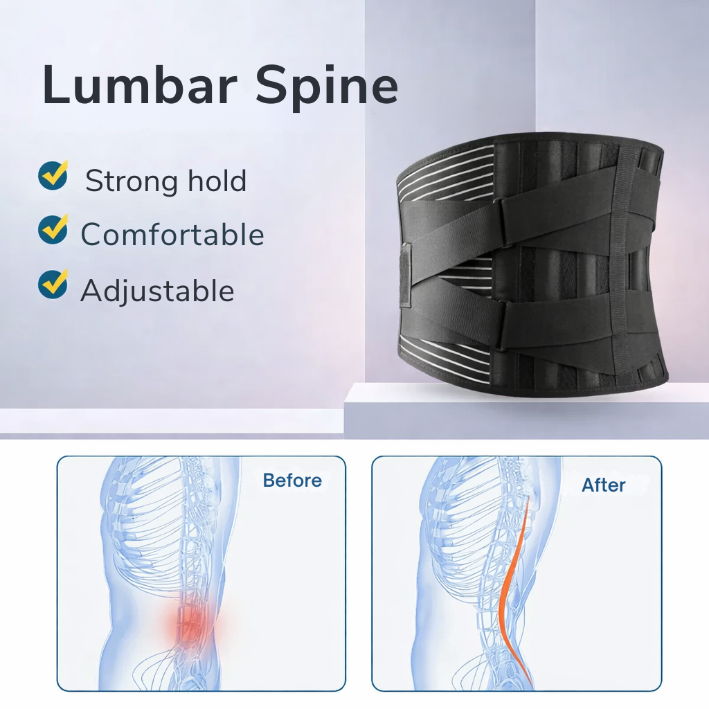 Black belt displayed on a pale plinth above before-and-after spine diagrams, with a list of strong hold, comfort and adjustability. 6