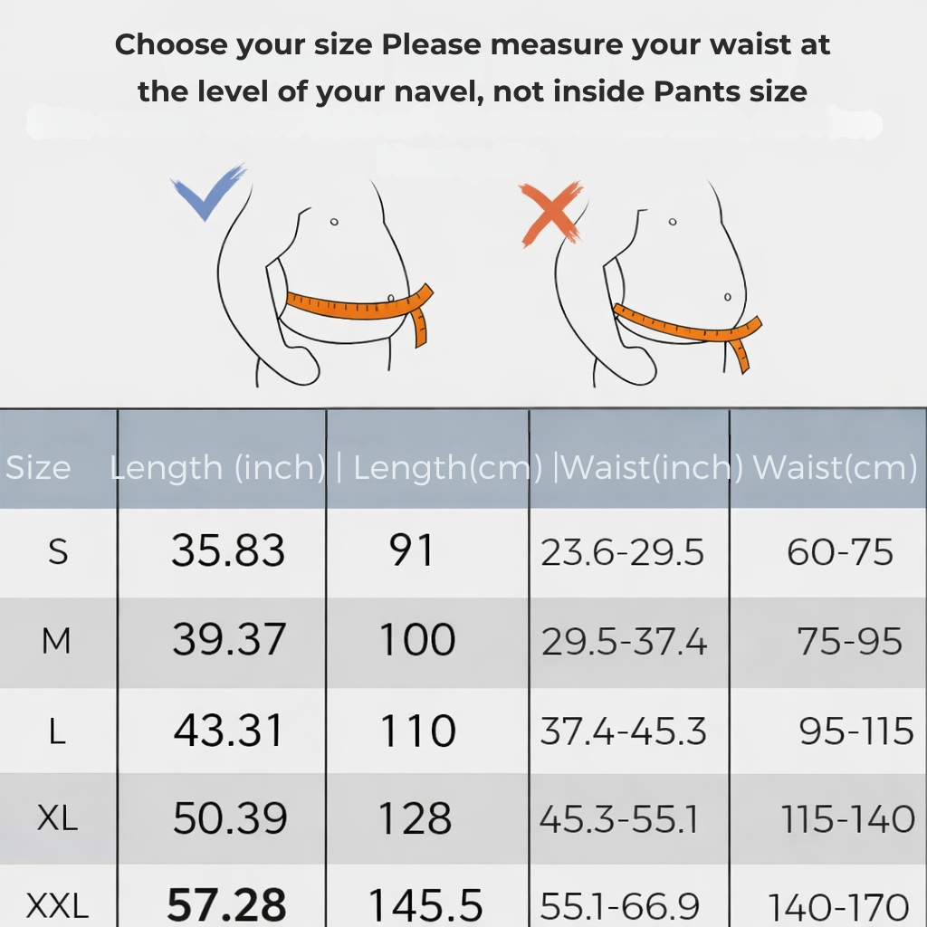 Sizing guide with two waist-measuring diagrams and a table of belt lengths and waist ranges from small to extra-extra-large. 7