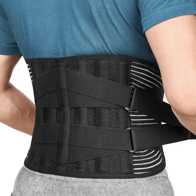 Black back belt with criss-cross elastic straps and striped side panels, worn by a man in a teal t-shirt, seen from behind. 1