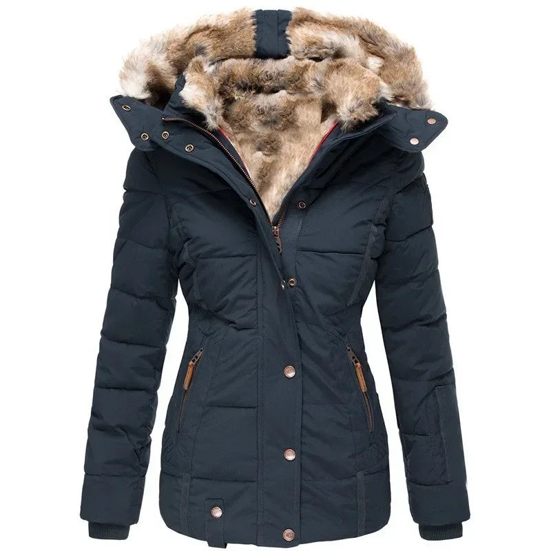Navy quilted parka, front view, with fur-lined hood and copper-coloured studs down the placket 10