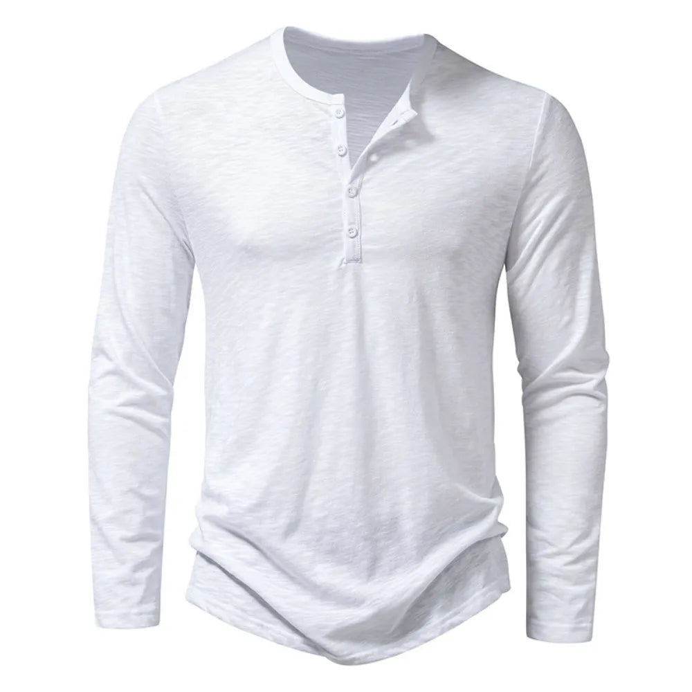 White long-sleeved henley with a four-button placket, laid flat and seen from the front 9