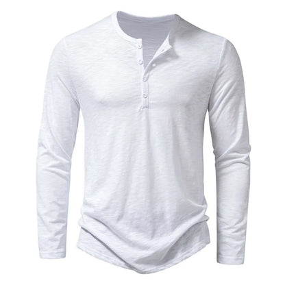 White long-sleeved henley with a four-button placket, laid flat and seen from the front 9