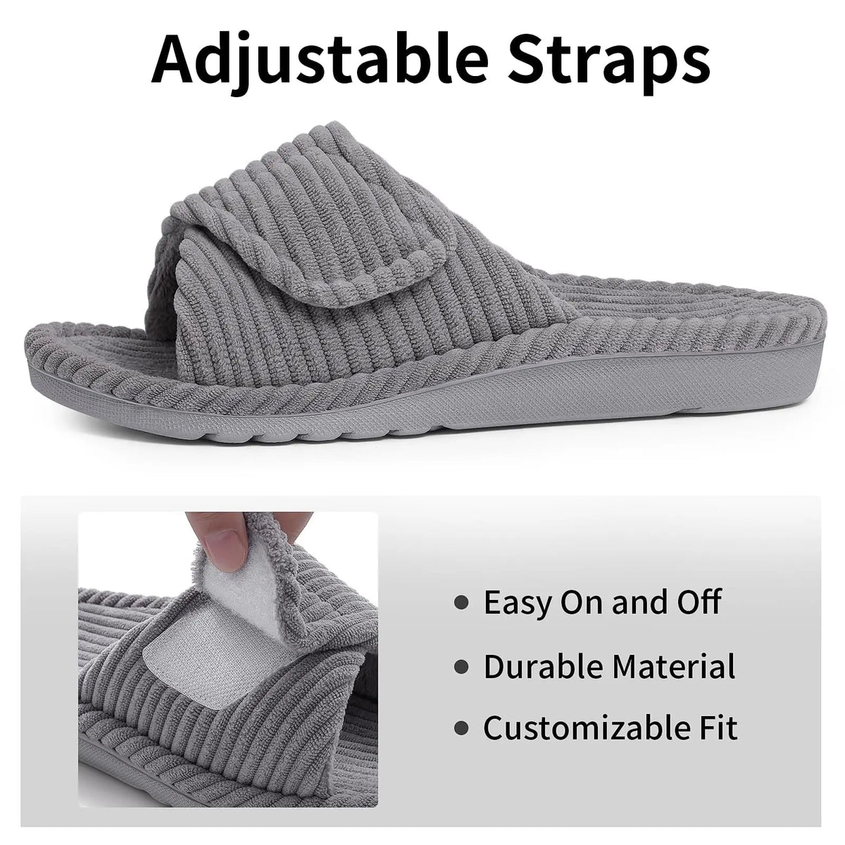 Grey ribbed slipper in side view with the hook-and-loop strap peeled back by a finger to show how it adjusts. 6