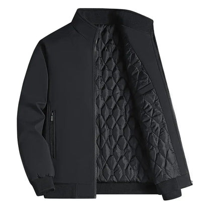 Black stand-collar jacket with the zip open, showing the diamond-quilted lining, ribbed cuffs and hem, and a zipped side pocket. 1