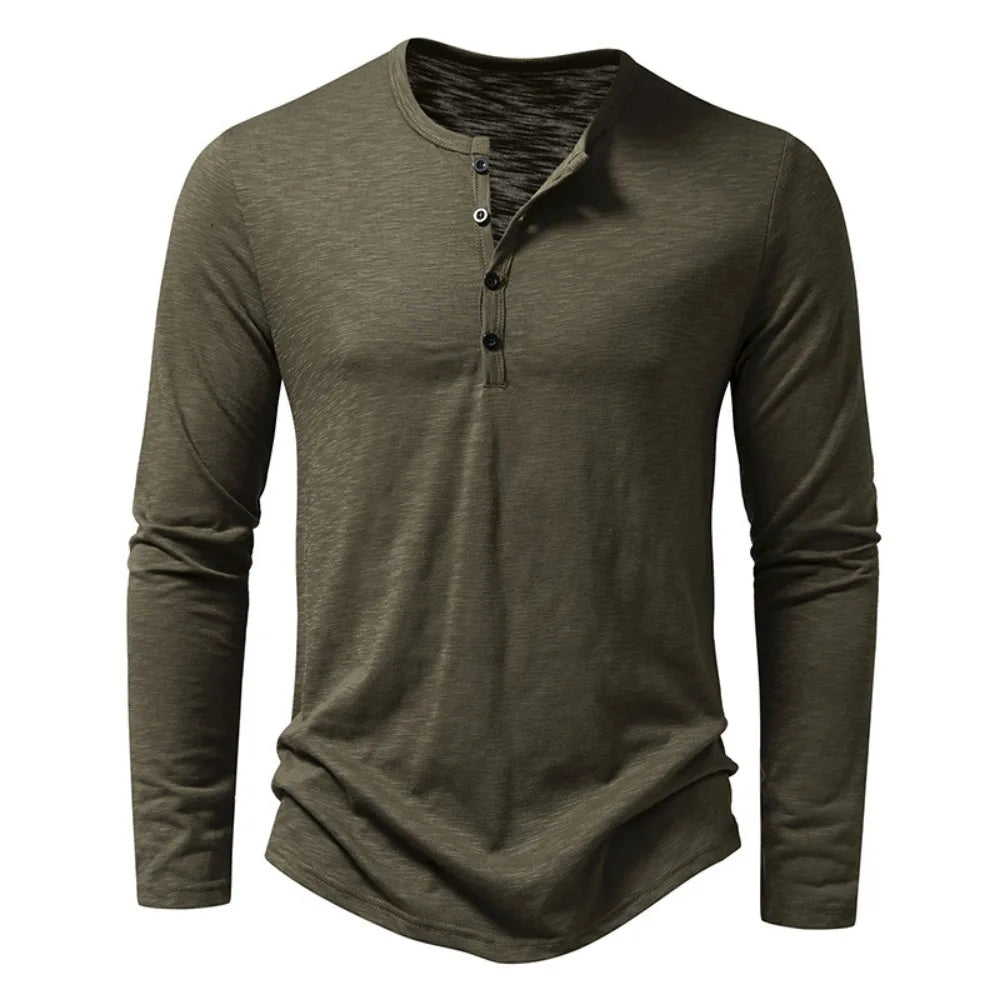 Olive green long-sleeved henley with four dark buttons, laid flat and seen from the front 4