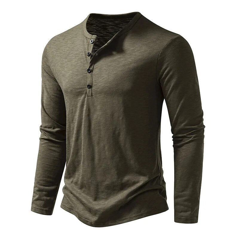 Olive green long-sleeved henley at a three-quarter angle, showing the button placket and slim shape 5